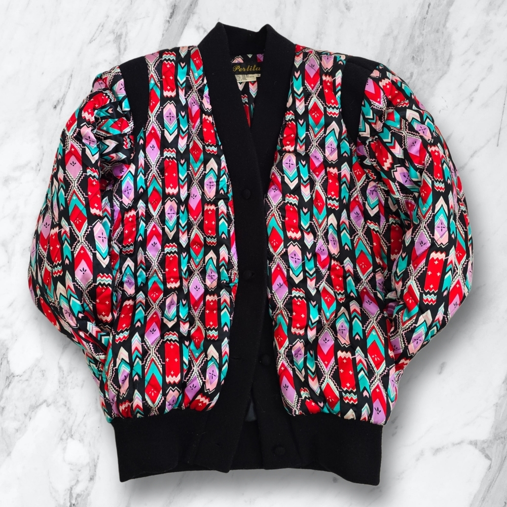 Vintage 80's Perlita Colorful Puffy‎ Button Up Jacket 100% Silk Large